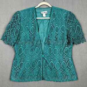 VTG 80s Karen Miller Lace Dress Jacket Size 18 Green Peplum Crochet 1 Button USA